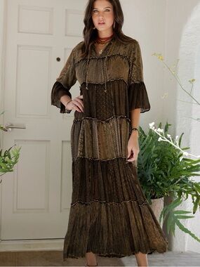 YOUNG THREADS Dress Maxi Tiered Lace Embroidered Size Large